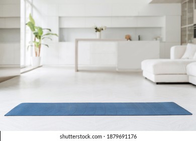 Space For Yoga Class At Home. Exercise Mat For Yoga, Fitness Or Workout Practice At Home, Living Room Background. Wellness Concept. Copy Space