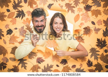 Space for your text. Hello September. Happy loving couple. Promotional products. November background. Autumn leaves background. Autumn leaves. Autumnal foliage. Place for your text