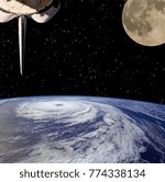 Spacecraft, earth and moon. Outer space. The elements of this image furnished by NASA.