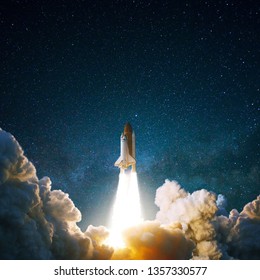 Spacecraft flies up into the starry sky. Rocket with smoke flies into space. Space Shuttle