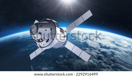 Spacecraft on orbit of planet Earth. Orion spaceship on way to Moon exploration. Mission from Earth to Moon. Elements of this image furished by NASA