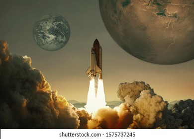 Spacecraft takes off into the sky with the planet Earth and the planet Mars. Rocket flies to the planet. Concept of interplanetary travel. Space mission 