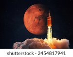 Spacecraft takes off into space. Rocket flies to Mars. Red planet Mars in space. Launch and Start 