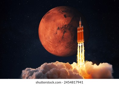 Spacecraft takes off into space. Rocket flies to Mars. Red planet Mars in space. Launch and Start  - Powered by Shutterstock