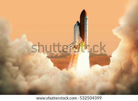 Spacecraft takes off into space. Rocket on the planet Mars