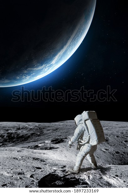 Spaceman on surface of Moon. Earth on background.\
Astronaut in deep black space. Space sci-fi wallpaper. Elements of\
this image furnished by\
NASA.