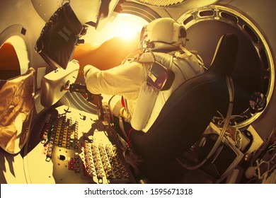 Spaceman is sitting in a spaceship on a planet Mars at sunset. Astronaut is ready to enter a new planet. Concept of man travels through the universe.