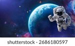 Spaceman in spacesuit flight in outer space with bright stars. Astronaut spacewalk on orbit of Earth planet. Cosmonaut floating in space. Elements of this image furnished by NASA. Not AI content