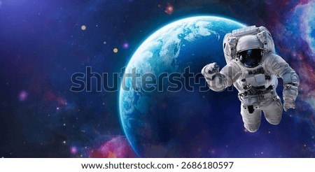 Spaceman in spacesuit flight in outer space with bright stars. Astronaut spacewalk on orbit of Earth planet. Cosmonaut floating in space. Elements of this image furnished by NASA. Not AI content