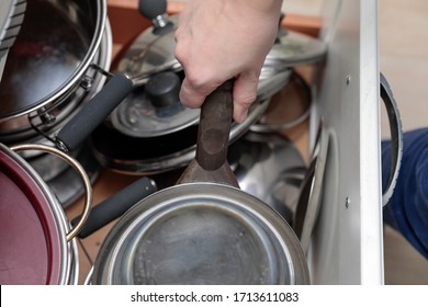 Spaces In The Kitchen Are Never Enough! Drawer Full Of Pots And Pans For Cooking.