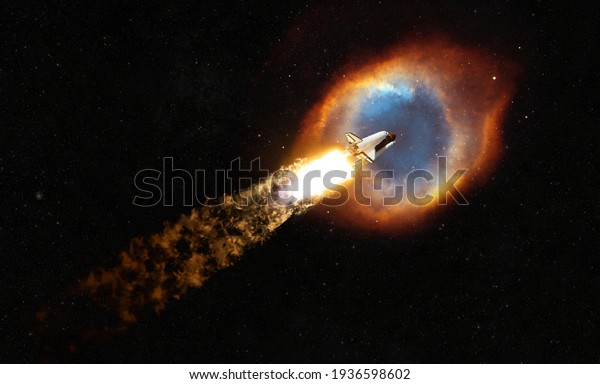 Spaceship flies in space towards the colored\
nebula. Space rocket with blast and puffs of smoke lift off and\
conquers outer space. Journey concept\
