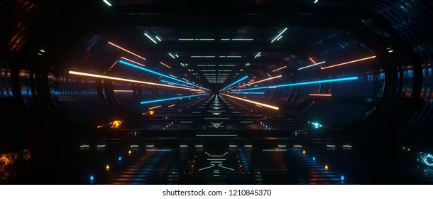 Spaceship interior bridge corridor with vivid transition lightning, 3d Rendering