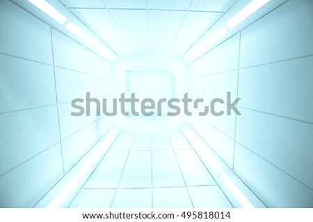 Spaceship interior center view with bright white texture, futuristic interior corridor, space ship, Futuristic architecture