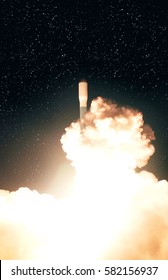 Spaceship launch in clouds. Star rocket launch. 