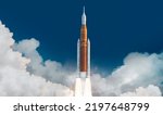 Spaceship launch from Earth in sky. Mission to Moon. Return to Moon. SLS space rocket. Orion spacecraft. Artemis space program to research solar system. Elements of this image furnished by NASA