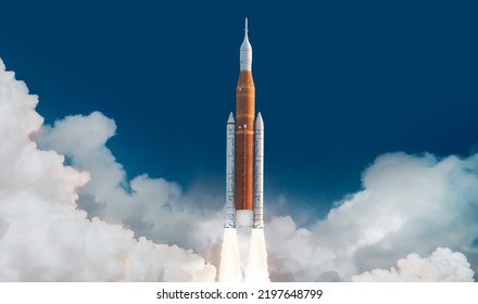 Spaceship launch from Earth in sky. Mission to Moon. Return to Moon. SLS space rocket. Orion spacecraft. Artemis space program to research solar system. Elements of this image furnished by NASA