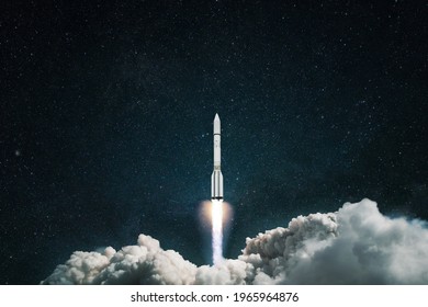 Spaceship Launch Into Space. Rocket Takes Off In The Starry Blue Sky