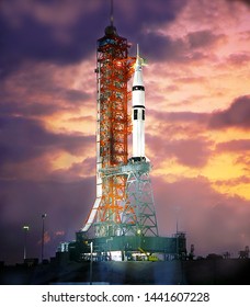 Spaceship At The Launch Site In The Spaceport. Silhouette Of Space Shuttle At Dusk. Amazing Landscape Of Rocket On The Eve Of Launch. Some Elements Of This Image Are Furnished By NASA