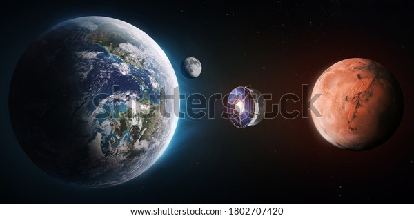 Spaceship with mission from Earth planet to Mars.\
Expedition with Mission Perseverance 2020. Space station. Elements\
of this image furnished by\
NASA