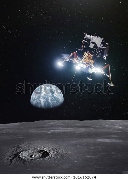 Spaceship module with\
astronauts landing on surface of the Moon. Big Earth planet on\
abckground. Lunar landing. Apollo mission. Elements of this image\
furnished by NASA