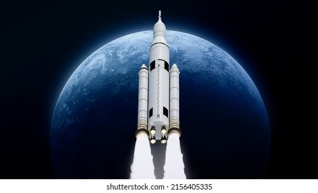 Spaceship on orbit of Earth. Sci-fi wallpaper. Artemis space program. Expedition to Moon. Space launch system SLS. Orion spacecraft in space. Elements of this image furnished by NASA
