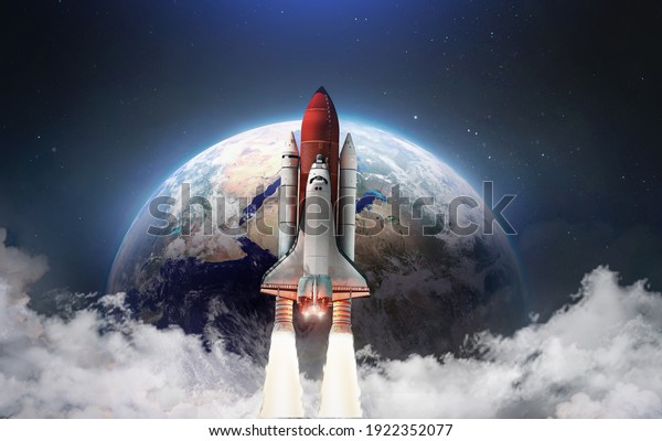 Spaceship in the outer space on orbit\
of Earth planet. Space shuttle in sky with clouds. Continents and\
oceans. Elements of this image furnished by\
NASA\
