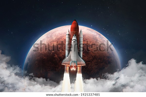 Spaceship in the outer space on orbit\
of Mars planet. Space shuttle in sky with clouds. Exploration of\
Red planet. Elements of this image furnished by\
NASA