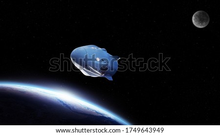 Spaceship / spacecraft flying through the outer space on a space mission with earth and moon on the background. Elements of this image furnished by NASA.