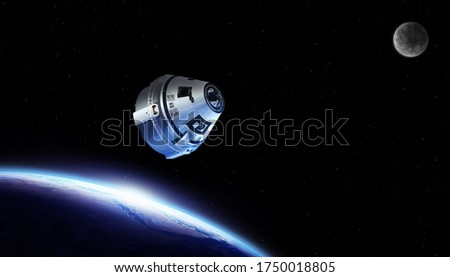 Spaceship / spacecraft flying through the outer space on a space mission with earth and moon on the background. Elements of this image furnished by NASA.