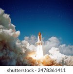 The spaceship takes off into the starry sky. A rocket is launched into space. Concept space background. Elements of this image furnished by NASA.