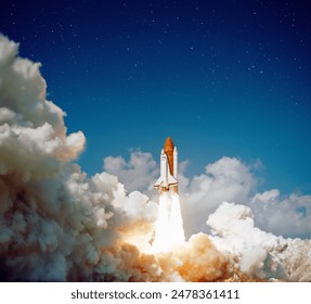 The spaceship takes off into the starry sky. A rocket is launched into space. Concept space background. Elements of this image furnished by NASA. - Powered by Shutterstock