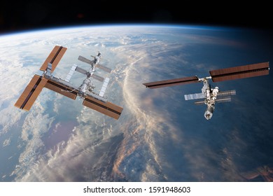 Spaceships in space. Science theme. The elements of this image furnished by NASA.