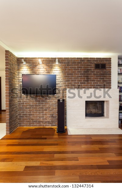 Spacious Apartment Brick Wall Fireplace Tv Stock Image Download Now