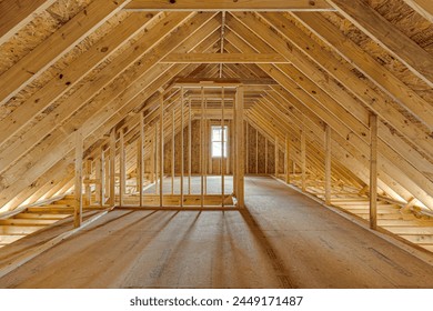 Spacious Attic Under Construction with Exposed Wooden Beams and Framework