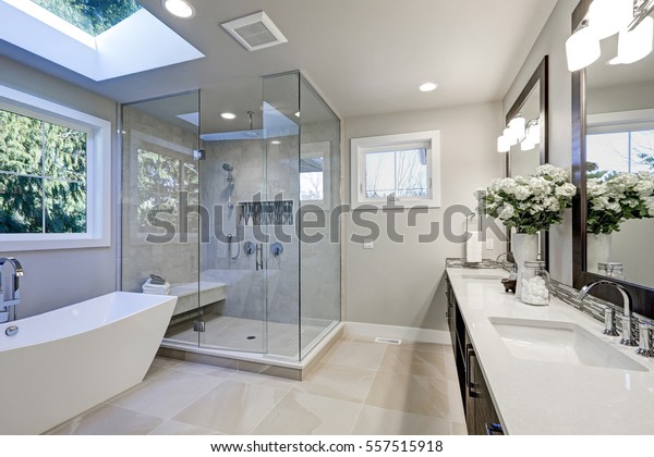 Spacious bathroom in gray tones with heated floors,\
freestanding tub, walk-in shower, double sink vanity and skylights.\
Northwest, USA