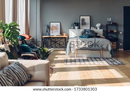 Spacious bedroom interior, apartment, living room. Home.
