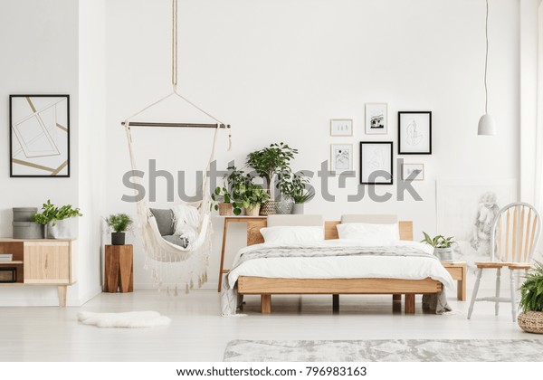 Spacious Bedroom Interior Wooden Furniture Such Stock Photo