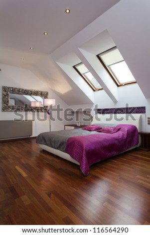 Similar – Image, Stock Photo Modern bedroom with purple accents and city view