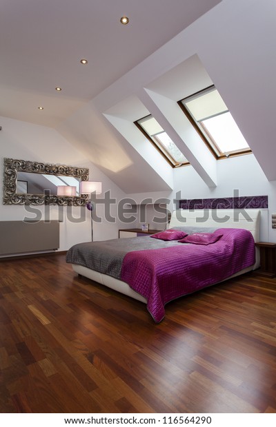 Spacious Bedroom Purple Silver Bed Stock Photo Edit Now