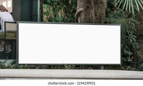 Spacious blank white banner for mockup information fixed outside of hotel or restaurant entrance - Shutterstock ID 2194239921