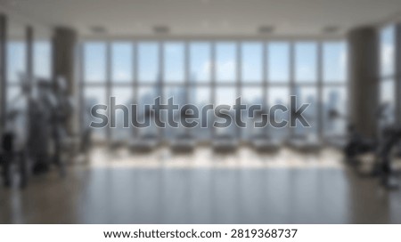 Spacious and bright gym interior featuring modern exercise equipment and panoramic windows overlooking a cityscape.