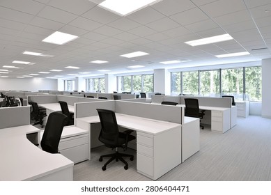 Spacious and bright office interior featuring rows of cubicles, ergonomic chairs, and large windows allowing ample natural light.