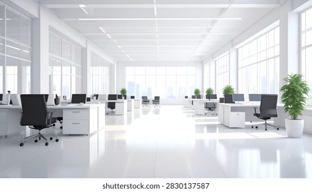 Spacious and bright open-plan office interior featuring rows of desks, ergonomic chairs, and large windows allowing abundant natural light.
