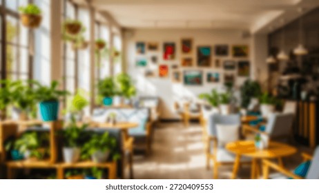 A spacious cafe interior with large windows, wooden furniture, and hanging plants, featuring a wall of framed artwork and a cozy atmosphere