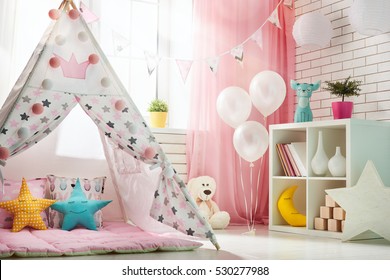 Spacious Children Room With Play Tent For Girl.