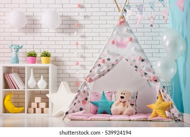 Spacious Children Room With Play Tent For Girl.