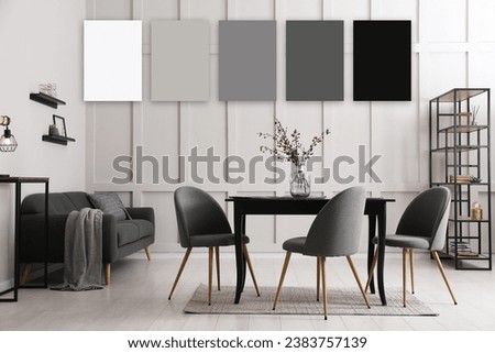 Spacious dining room with furniture. Color palette matching to this interior design