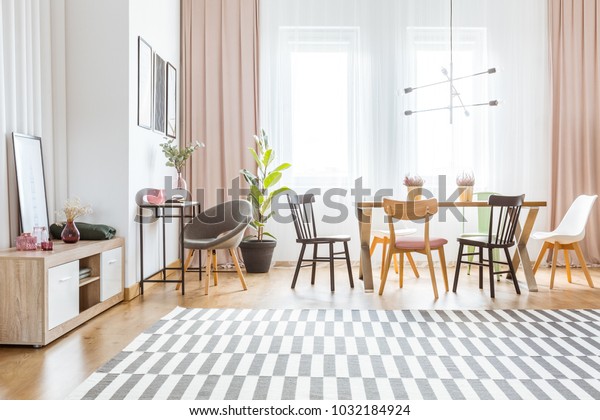 Spacious Dining Room Interior Pink Drapes Stock Photo Edit Now