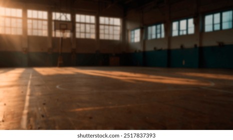 A spacious indoor basketball court bathed in warm sunlight streaming through large windows. The court is empty, creating a serene and nostalgic atmosphere - Powered by Shutterstock