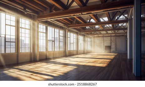 Spacious industrial warehouse with large windows, wooden ceiling beams, and sunlight casting shadows on the wooden floor - Powered by Shutterstock